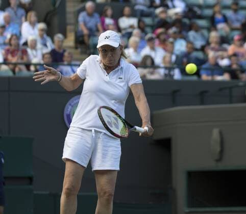 July 13th 2017, All England Lawn Tennis and Croquet Club, London, England; The Wimbledon Tennis Championships, Day 10; Martina Navratilova (USA) hits a backhand return during her match with Cara Black (ZIM) against Andrea Jaeger (USA) and Conchita Martinez ESP) xRolandxHarrisonx  ActionPlus11900973