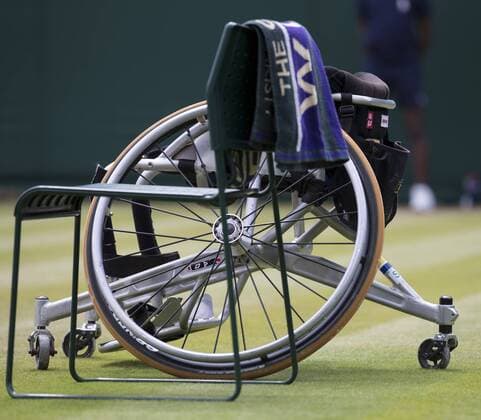 July 14th 2017, All England Lawn Tennis and Croquet Club, London, England; The Wimbledon Tennis Championships, Day 11; The sports wheelchair of Shingo Kunieda (JPN) is position before his match against Stefan Olsson (SWE) xRolandxHarrisonx  ActionPlus11901146