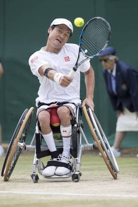 July 14th 2017, All England Lawn Tennis and Croquet Club, London, England; The Wimbledon Tennis Championships, Day 11; Shingo Kunieda (JPN) hits a backhand return to Stefan Olsson (SWE) during their match xRolandxHarrisonx  ActionPlus11901166