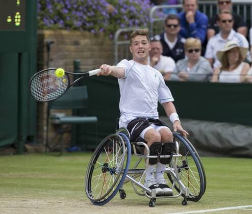 July 14th 2017, All England Lawn Tennis and Croquet Club, London, England; The Wimbledon Tennis Championships, Day 11; Alfie Hewett (GBR) hits a forehand return to Gustavo Fernandez (ARG) xRolandxHarrisonx  ActionPlus11901262