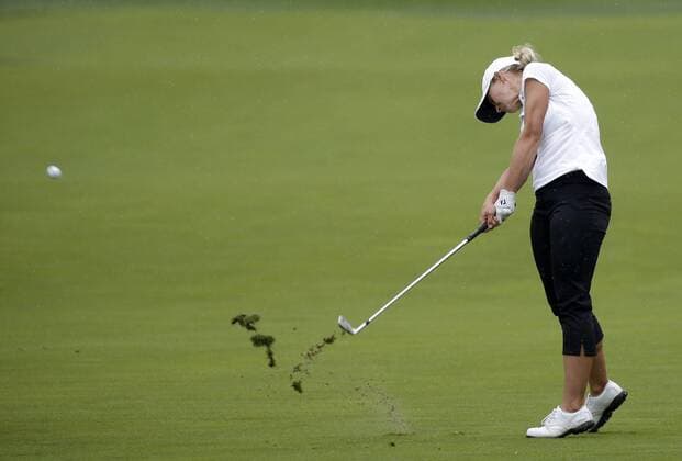 Emily Childs hits an iron on the 16th fairway in the second round of the LPGA Golf Damen U.S. Women s Open Championship at Trump National Golf Club in Bedminster, NJ on July 14, 2017.  NYP201707141154 JOHNxANGELILLO