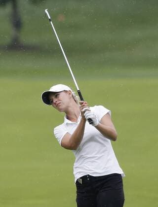 Emily Childs hits an iron on the 16th fairway in the second round of the LPGA Golf Damen U.S. Women s Open Championship at Trump National Golf Club in Bedminster, NJ on July 14, 2017.  NYP201707141156 JOHNxANGELILLO