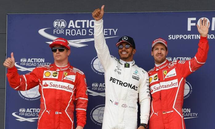 Kimi Raiikkoenen, Scuderia Ferrari, Pole Lewis Hamilton; Mercedes Grand Prix, Sebastian Vettel, Scuderia Ferrari, formula 1 GP, Great Britain in Silverstone 15.07.2017 Photo:mspb Vince Mignott Not free for England Kimi Raiikkoenen, Lewis Hamilton; Sebastian Vettel, formula 1 GP, Great Britain