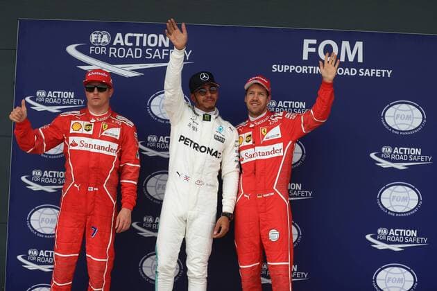 July 15th 2017, Silverstone, Northamptonshire, England; British Formula One Grand Prix, qualification sessions day; Lewis Hamilton - Mercedes AMG Petronas F1 W08 EQ Energy+ takes pole followed by Kimi Raikkonen and Sebastian Vettel - Scuderia Ferrari xOctanex  ActionPlus11901776
