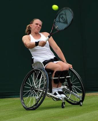 Tennis - 2017 Wimbledon Championships - Week Two, Sunday Day Thirteen Final of the Ladies Wheelchair Doubles match Yui Kamiji (JPN) and Jordanne Whiley (GBR) vs Marjolein Buis (NED) and Diede De Groot (NED) Jordanne Whiley on Court 3 COLORSPORT ANDREW COWIE 