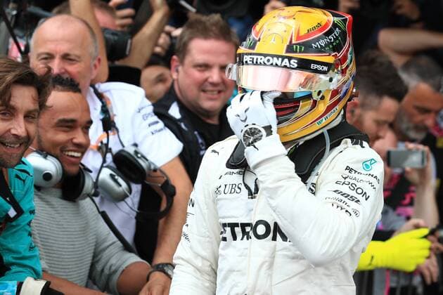 July 16th 2017, Silverstone, Northamptonshire, England; British Formula 1 Grand Prix, Race Day; Lewis Hamilton - Mercedes AMG Petronas F1 W08 EQ Energy+ wins the British GP and celebrates with his team xOctanex  ActionPlus11902470