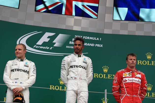 July 16th 2017, Silverstone, Northamptonshire, England; British Formula 1 Grand Prix, Race Day; Lewis Hamilton - Mercedes AMG Petronas F1 W08 EQ Energy+ wins the British GP followed by team mate Valtteri Bottas and in 3rd Kimi Raikkonen - Scuderia Ferrari SF70H xOctanex  ActionPlus11902491