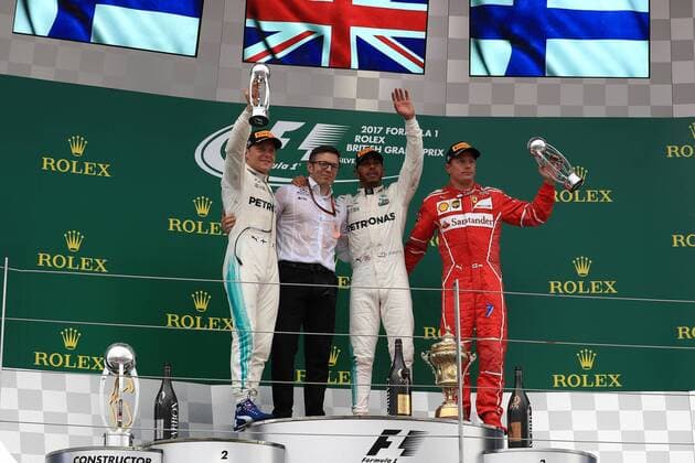 July 16th 2017, Silverstone, Northamptonshire, England; British Formula 1 Grand Prix, Race Day; Lewis Hamilton - Mercedes AMG Petronas F1 W08 EQ Energy+ wins the British GP followed by team mate Valtteri Bottas and in 3rd Kimi Raikkonen - Scuderia Ferrari SF70H xOctanex  ActionPlus11902508