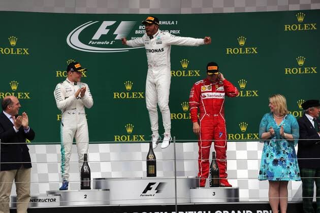 British Grand Prix, Silverstone 13 - 16 July 2017 16.07.2017 - Race, 1st place Lewis Hamilton (GBR) Mercedes AMG F1 W08, 2nd place Valtteri Bottas (FIN) Mercedes AMG F1 W08 and 3rd place Kimi Raikkonen (FIN) Scuderia Ferrari SF70H 