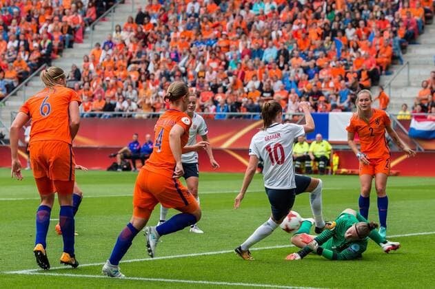 (L-R) Anouk Dekker of Holland Women, Mandy van den Berg of Holland Women, Kristine Mindes of Norway women, Caroline Graham Hansen of Norway women, goalkeeper Sari van Veenendaal of Holland Women, Desiree van Lunteren of Holland Women during the UEFA WEURO 2017 Group A group stage match between The Netherlands and Norway at the Galgenwaard Stadium on July 16, 2017 in Utrecht, The Netherlands Women: The Netherlands v Norway UEFA WEURO 2017 2017 2018 xVIxVIxImagesx xGerritxvanxKeulenxIVx 8238542