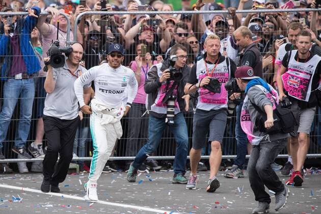 July 16th 2017, Silverstone, Northamptonshire, England; British Formula 1 Grand Prix, Race Day; Mercedes AMG Petronas Motorsport driver Lewis Hamilton is chased by the photographers xTimxWilliamsx  ActionPlus11902610
