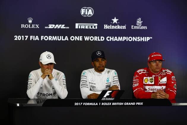 British Grand Prix, Silverstone 13 - 16 July 2017 16.07.2017 - Race, press conference PK Pressekonferenz Valtteri Bottas (FIN) Mercedes AMG F1 W08, Lewis Hamilton (GBR) Mercedes AMG F1 W08 and Kimi Raikkonen (FIN) Scuderia Ferrari SF70H 