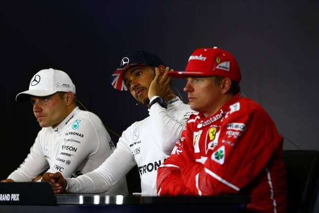 British Grand Prix, Silverstone 13 - 16 July 2017 16.07.2017 - Race, press conference PK Pressekonferenz Valtteri Bottas (FIN) Mercedes AMG F1 W08, Lewis Hamilton (GBR) Mercedes AMG F1 W08 and Kimi Raikkonen (FIN) Scuderia Ferrari SF70H 