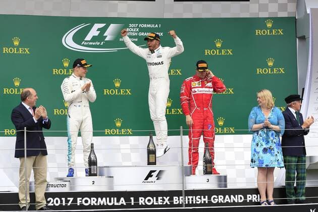 British Grand Prix, Silverstone 13 - 16 July 2017 16.07.2017 - Race, 1st place Lewis Hamilton (GBR) Mercedes AMG F1 W08, 2nd place Valtteri Bottas (FIN) Mercedes AMG F1 W08 and 3rd place Kimi Raikkonen (FIN) Scuderia Ferrari SF70H 