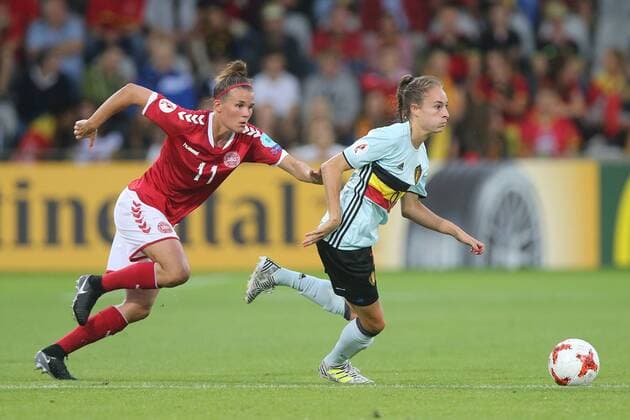 Katrine Veje of Denmark women, Tessa Wullaert of Belgium women during the UEFA WEURO 2017 Group A group stage match between Denmark and Belgium at the Vijverberg stadium on July 16, 2017 in Doetinchem, The Netherlands Women: Denmark v Belgium UEFA WEURO 2017 2017 2018 xVIxVIxImagesx xTomxBodexMultimediaxIVx 8240984