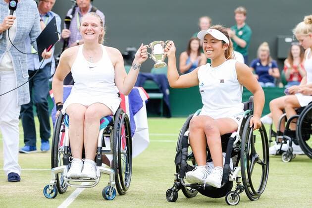 Yui Kamiji (JPN), Jordanne Whiley (GBR), JULY 16, 2017 - Tennis : Yui Kamiji of Japan and Jordanne Whiley of Great Britain pose with the trophy after winning the Women s wheelchair doubles final match of the Wimbledon Lawn Tennis Championships against Marjolein Buis and Diede De Groot of the Netherlands at the All England Lawn Tennis and Croquet Club in London, England. Noxthirdxpartyxsales  (mdga016984)