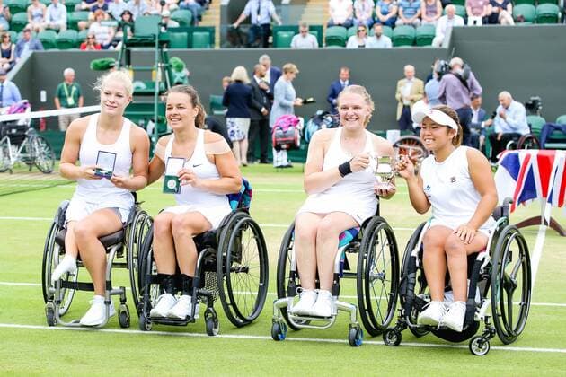 (R-L) Yui Kamiji (JPN), Jordanne Whiley (GBR), Marjolein Buis, Diede De Groot (NED), JULY 16, 2017 - Tennis : (R-L) Yui Kamiji of Japan, Jordanne Whiley of Great Britain, Marjolein Buis and Diede De Groot of the Netherlands pose with the trophies after the Women s wheelchair doubles final match of the Wimbledon Lawn Tennis Championships at the All England Lawn Tennis and Croquet Club in London, England. Noxthirdxpartyxsales  (mdga016990)