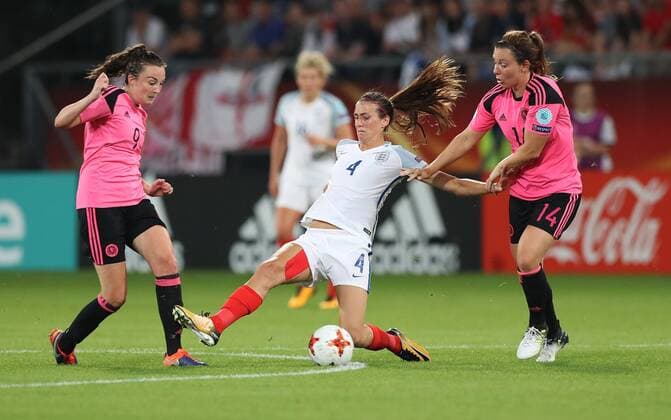 Football - 2017 UEFA Women™s European Euro Championship - Group D: England vs. Scotland Caroline Weir and Rachel Crosby of Scotland hold back Jill Scott of England at Stadion Gagenwaard, Utrecht. COLORSPORT LYNNE CAMERON 