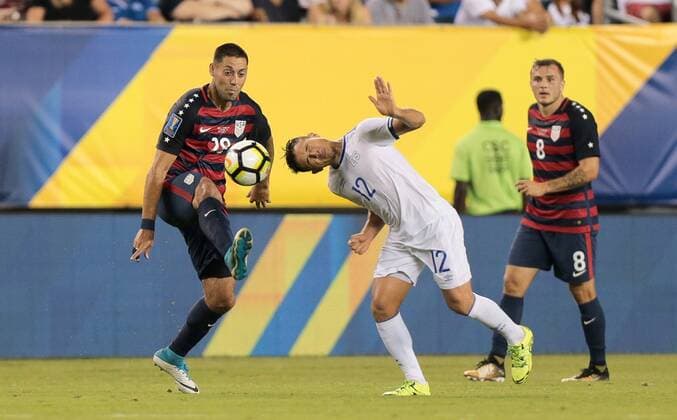 July 19, 2017 - Philadelphia, PA, USA - Philadelphia, PA - Wednesday July 19, 2017: Clint Dempsey, Narciso Orellana during a 2017 Gold Cup match between the men s national teams of the United States (USA) and El Salvador (SLV) at Lincoln Financial Field. Clint Dempsey, Narciso Orellana - ZUMAt139 20170719_zaa_t139_132 Copyright: xJohnxDortonx
