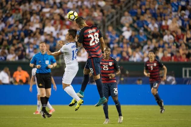 July 19, 2017 - Philadelphia, Pennsylvania, U.S - United States of America forward CLINT DEMPSEY (28) heads the ball away from El Salvador defender ALEXANDER LARÃªN (13) while United States of America midfielder DARLINGTON NAGBE (25) looks on during CONCACAF Gold Cup 2017 quarterfinal action at Lincoln Financial Field in Philadelphia, PA. USA defeats El Salvador 2 to 0. Soccer 2017 - USA defeats EL SALVADOR 2 to 0 - ZUMAs192 20170719_zap_s192_038 Copyright: xMarkxSmithx