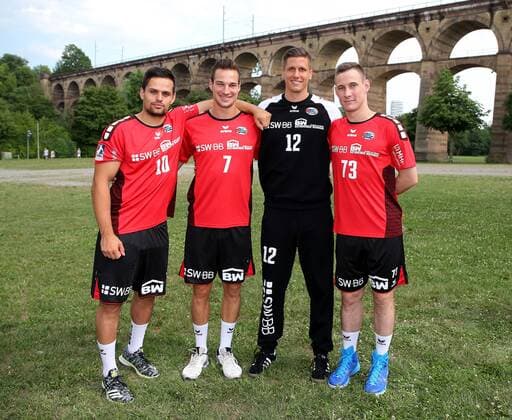 Bietigheim-Bissingen Handball SG BBM Bietigheim Fototermin, Neuzugänge v.l. Panagiotis Erifopoulos (10), Dominik Claus (7), Jürgen Müller (12), Martin Marcec (73)