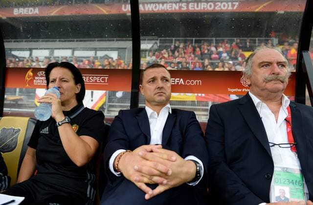 Belgium s assistant coach Tamara Cassimon, Belgium s head coach Ives Serneels and Belgium s teammanager Hubert De Neef pictured during a soccer game between Belgian national women s soccer team Red Flames and Norway, the second game in group A in the group stage of the Women s European Championship EM Europameisterschaft 2017 in the Netherlands, Thursday 20 July 2017 in Breda, The Netherlands. DAVIDxCATRY  x05134839x