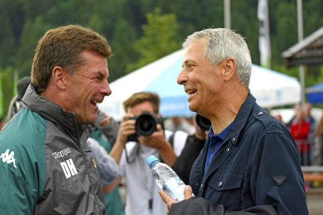 20.07.2017, Fussball 1.Bundesliga 2017 2018, Saisonvorbereitung, Borussia Mönchengladbach - OGC Nizza, in Rottach Egern, v.li: Trainer Dieter Hecking (Borussia Mönchengladbach) und Trainer Lucien Favre (Nizza) 