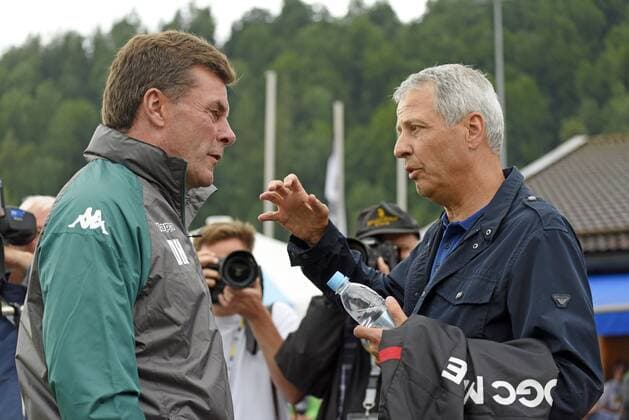 20.07.2017, Fussball 1.Bundesliga 2017 2018, Saisonvorbereitung, Borussia Mönchengladbach - OGC Nizza, in Rottach Egern, v.li: Trainer Dieter Hecking (Borussia Mönchengladbach) und Trainer Lucien Favre (Nizza) 