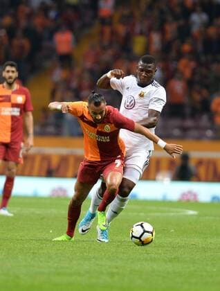 Yasin Oztekin of Galatasaray (L) and Ken Sema of Ostersund during the UEFA Europaleague Qualifier 3rd round, 2nd leg match between Galatasaray and Ostersund at Turk Telekom Arena in Istanbul , Turkey on July 20, 2017. 
