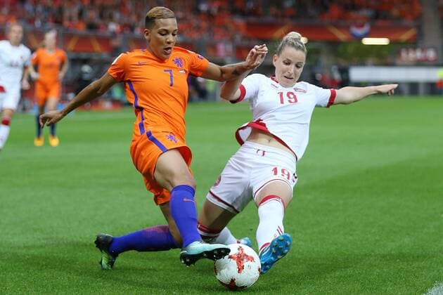 Shanice van de Sanden of Holland Women, Cecilie Sandvej of Denmark women during the UEFA WEURO 2017 Group A group stage match between The Netherlands and Denmark at the Sparta stadium Het Kasteel on July 20, 2017 in Rotterdam, The Netherlands Women: The Netherlands v Denmark UEFA WEURO 2017 2017 2018 xVIxVIxImagesx xTomxBodexMultimediaxIVx 8271232