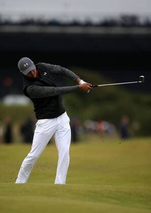 20th July 2017, Royal Birkdale Golf Club, Southport, England; The 146th Open Golf Championship, First round; Jordan Spieth (USA) strikes his second shot from the parkway on the par four 10th hole xDavidxBlunsdenx  ActionPlus11904137
