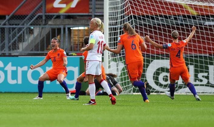 Football - 2017 UEFA Women™s European Euro Championship - Group A : Netherlands vs. Denmark Sherida Spitse of The Netherlands celebrates scoring at Sparta Stadoin , Rotterdam. COLORSPORT LYNNE CAMERON 
