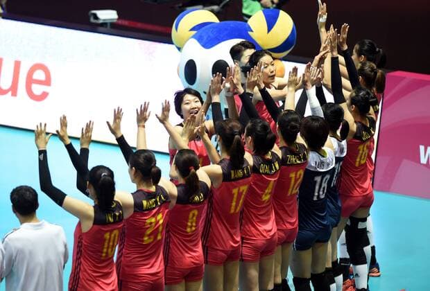 Players of China celebrate after defeating Japan during the Pool G1-Group 1 match of the FIVB Volleyball World Grand Prix Hong Kong 2017 in Hong Kong, China, 21 July 2017. China defeated Japan 3-1 (25-19, 25-20, 33-35, 25-21). China defeats Japan during FIVB Volleyball World Grand Prix Hong Kong 2017  pbu656152_13