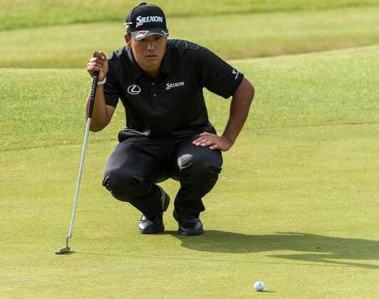 22nd July 2017, Royal Birkdale Golf Club, Southport, England; The 146th Open Golf Championship, third round ; Hideki Matsuyama (JPN) studies his putt on the 18th green xDavidxBlunsdenx  ActionPlus11905248