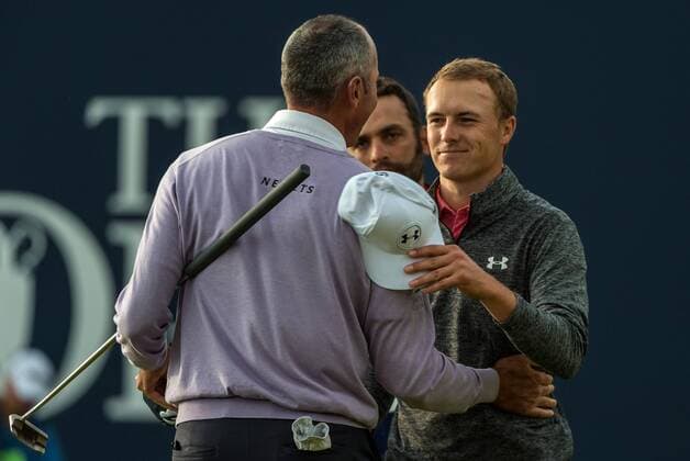 22nd July 2017, Royal Birkdale Golf Club, Southport, England; The 146th Open Golf Championship, third round ; Matt Kuchar (USA) shakes hands with Jordan Spieth (USA) on the 18th green xDavidxBlunsdenx  ActionPlus11905261