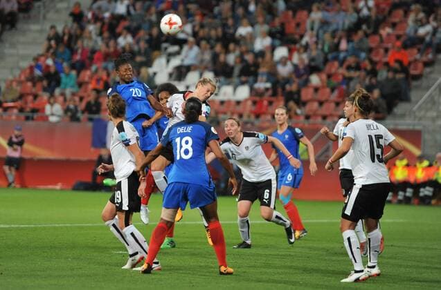 Womens Europeans Austria vs France Utrecht The Netherlands 22nd July 2017 Womens Europeans Austria vs France 20- Kadidiatou Diani - France and Carina Wenninger head the ball in a goalmouth scramble. 