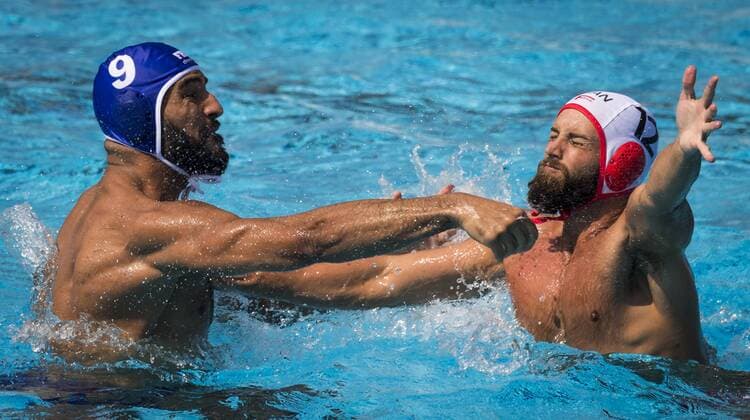 Preliminary Round WaterPolo Men s Canada CAN (White Cup) Vs France FRA (Blue Cup) 9 Mehdi Marzouki FRA France 12 Devon Ross Thumwood CAN Canada Day 10 23 07 2017 XVII FINA World Championships Aquatics City Park - Varosliget Lake Budapest Hungary Photo Pasquale Mesiano Deepbluemedia Insidefoto pasqualexmesiano