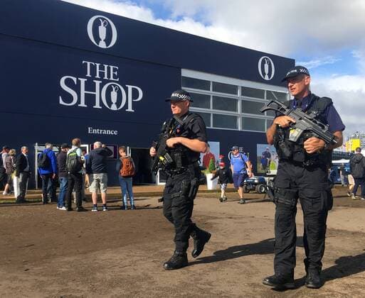 23rd July 2017, Royal Birkdale Golf Club, Southport, England; The 146th Open Golf Championship, fourth round ; Armed Merseyside Police officers on patrol in the tented village xDavidxBlunsdenx  ActionPlus11905437