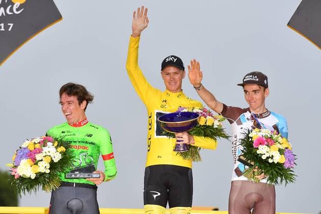 Colombian Rigoberto Uran of Cannondale Drapac Professional Cycling Team, British Chris Froome of Team Sky and French Romain Bardet of AG2R La Mondiale celebrate on the podium of the 104th edition of the Tour de France cycling race, in Paris, France, Sunday 23 July 2017. This year s Tour de France takes place from July first to July 23rd. DAVIDxSTOCKMAN  x05137552x