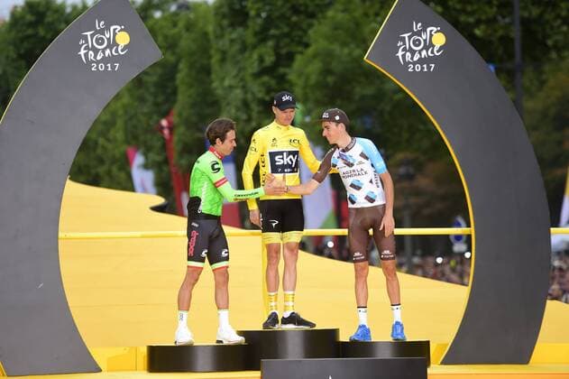 PARIS, FRANCE - JULY 23 : FROOME Christopher of Team Sky, URAN Rigoberto of Cannondale-Drapac Pro Cycling Team, BARDET Romain of AG2R La Mondiale pictured during the podium ceremony after during stage 21 of the 104th edition of the 2017 Tour de France cycling race, a stage of 103 kms between Montgeron and Paris Champs-Elysees on July 23, 2017 in Paris, France, 23 07 17 CYCLISME : Tour de France 2017 - Etape 21 - Montgeron to paris champs elysees - 23 07 2017 PHOTONEWS PANORAMIC 