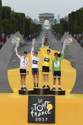 PARIS, FRANCE - JULY 23 : FROOME Christopher of Team Sky, MATTHEWS Michael of Team Sunweb, BARGUIL Warren of Team Sunweb, YATES Simon of ORICA-Scott pictured during the podium ceremony after stage 21 of the 104th edition of the 2017 Tour de France cycling race, a stage of 103 kms between Montgeron and Paris Champs-Elysees on July 23, 2017 in Paris, France, 23 07 17 CYCLISME : Tour de France 2017 - Etape 21 - Montgeron to paris champs elysees - 23 07 2017 PHOTONEWS PANORAMIC 