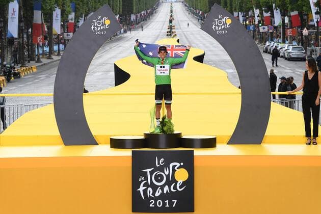 Australian Michael Matthews of Team Sunweb celebrates on the podium in the green jersey of leader in the sprint ranking after the 104th edition of the Tour de France cycling race, in Paris, France, Sunday 23 July 2017. This year s Tour de France takes place from July first to July 23rd. POOLxFRANCKxFAUGERE  x05137722x