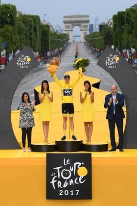 British Chris Froome of Team Sky celebrates on the podium in the yellow jersey of leader in the overall ranking after the 104th edition of the Tour de France cycling race, in Paris, France, Sunday 23 July 2017. This year s Tour de France takes place from July first to July 23rd. POOLxFRANCKxFAUGERE  x05137747x