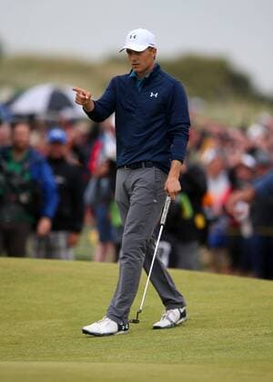23rd July 2017, Royal Birkdale Golf Club, Southport, England; The 146th Open Golf Championship, fourth round ; Jordan Spieth (USA) raises his finger in celebration and points at the cup after holing his long putt for eagle on the 15th green xDavidxBlunsdenx  ActionPlus11905783