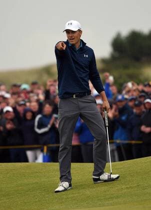 American Jordan Spieth celebrates an eagle on the 15th hole at the 146th Open Championship at Royal Birkdale Golf Club, Southport, England on July 23, 2017.Spieth won in a combined score of 268, twelve under par.  LON2017072316 HUGOxPHILPOTT