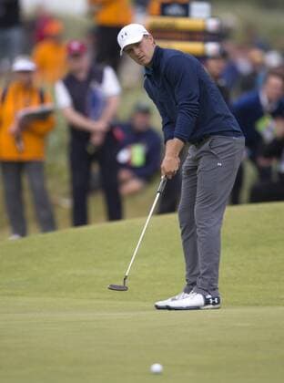 23rd July 2017, Royal Birkdale Golf Club, Southport, England; The 146th Open Golf Championship, fourth round ; Jordan Spieth (USA) holes his decisive eagle putt on the 15th green xDavidxBlunsdenx  ActionPlus11905939