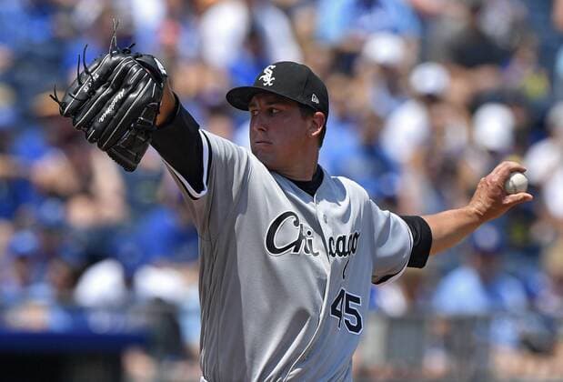 July 23, 2017 - Kansas City, MO, USA - Chicago White Sox starting pitcher Derek Holland throws in the first inning against the Kansas City Royals on Sunday, July 23, 2017 at Kauffman Stadium in Kansas City, Mo. Chicago White Sox vs. Kansas City Royals - ZUMAm67_ 20170723_zaf_m67_003 Copyright: xJohnxSleezerx