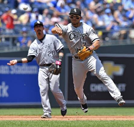 July 23, 2017 - Kansas City, MO, USA - Chicago White Sox second baseman Tyler Saladino throws out Kansas City Royals Alcides Escobar on a groundout to end the second inning on Sunday, July 23, 2017 at Kauffman Stadium in Kansas City, Mo. Chicago White Sox vs. Kansas City Royals - ZUMAm67_ 20170723_zaf_m67_010 Copyright: xJohnxSleezerx