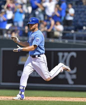 July 23, 2017 - Kansas City, MO, USA - Kansas City Royals Brandon Moss celebrates his game winning walk-off hit to score Lorenzo Cain in the ninth inning for a 5-4 win over the Chicago White Sox on Sunday, July 23, 2017 at Kauffman Stadium in Kansas City, Mo. Chicago White Sox vs. Kansas City Royals - ZUMAm67_ 20170723_zaf_m67_030 Copyright: xJohnxSleezerx