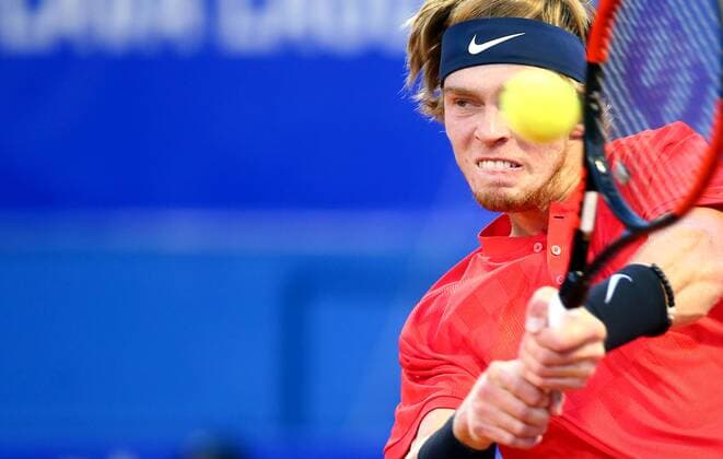 (170724) -- UMAG, July 24, 2017 -- Andrey Rublev of Russia returns the ball during men s singles final match against Paolo Lorenzi of Italy at the ATP Tennis Herren Croatia Open 2017 in Umag, Croatia, on July 23, 2017. Andrey Rublev calimed the title by defeating Paolo Lorenzi with 2-0. ) (SP)CROATIA-UMAG-TENNIS-ATP-CROATIA OPEN SlavkoxMidzor 